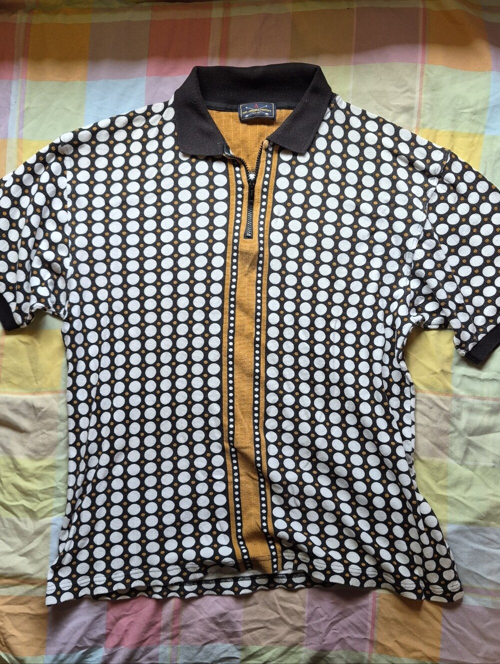 Men's Brown Polka Dot Zip Polo with Mustard Placket